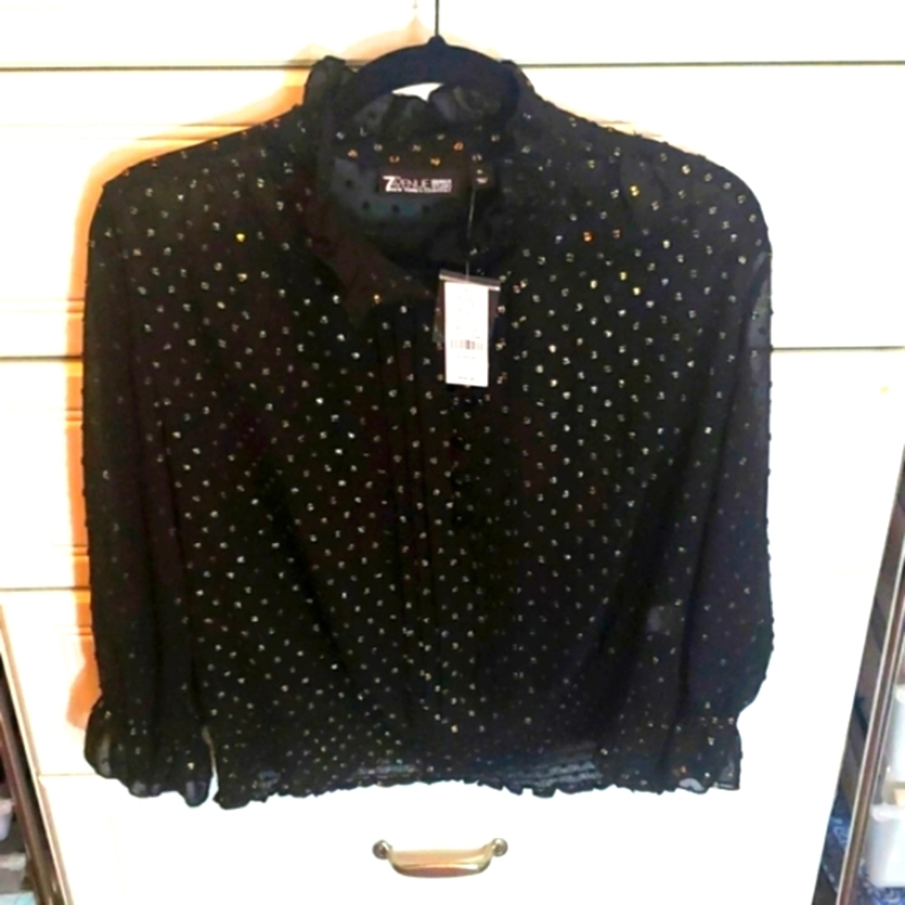 New York and Co. Black & gold sheer mock neck top.